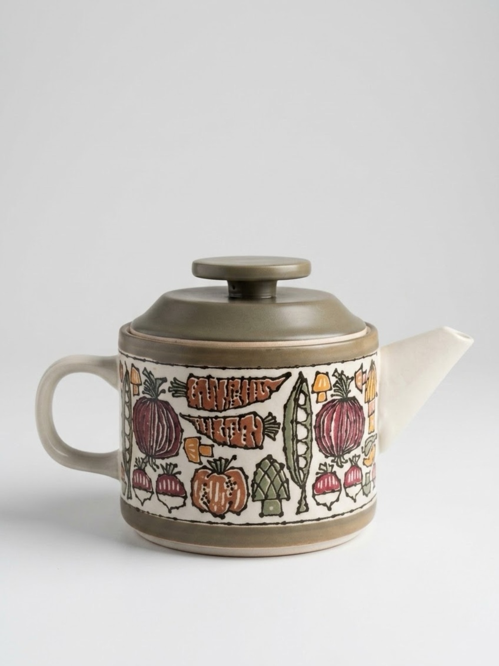 Vintage Mid Century Modern Stoneware Teapot Vegetable Harvest Motif Sage Green